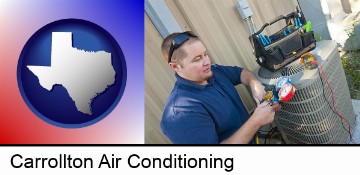 an HVAC contractor servicing an air conditioner in Carrollton, TX