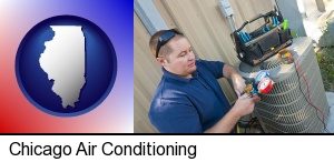 Chicago, Illinois - an HVAC contractor servicing an air conditioner