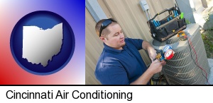 Cincinnati, Ohio - an HVAC contractor servicing an air conditioner