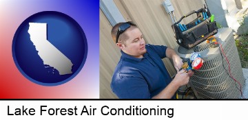 an HVAC contractor servicing an air conditioner in Lake Forest, CA