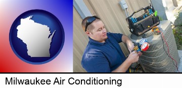 an HVAC contractor servicing an air conditioner in Milwaukee, WI