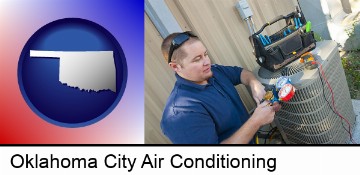 an HVAC contractor servicing an air conditioner in Oklahoma City, OK