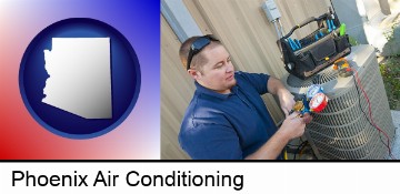 an HVAC contractor servicing an air conditioner in Phoenix, AZ