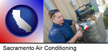 an HVAC contractor servicing an air conditioner in Sacramento, CA