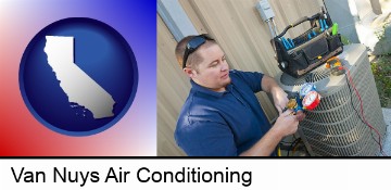 an HVAC contractor servicing an air conditioner in Van Nuys, CA