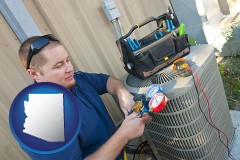 arizona map icon and an HVAC contractor servicing an air conditioner