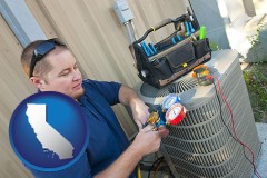 an HVAC contractor servicing an air conditioner - with CA icon