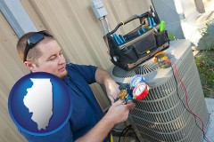 an HVAC contractor servicing an air conditioner - with IL icon