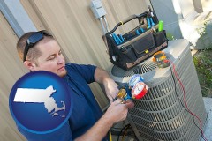 massachusetts map icon and an HVAC contractor servicing an air conditioner