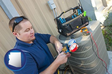 an HVAC contractor servicing an air conditioner - with Arizona icon