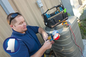 an HVAC contractor servicing an air conditioner - with Mississippi icon