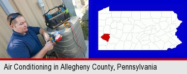 an HVAC contractor servicing an air conditioner; Allegheny County highlighted in red on a map