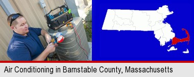 an HVAC contractor servicing an air conditioner; Barnstable County highlighted in red on a map