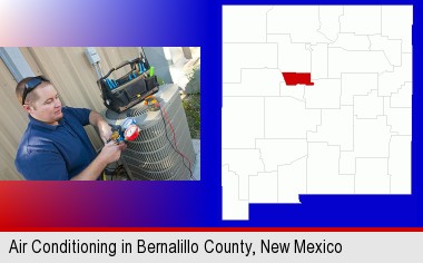 an HVAC contractor servicing an air conditioner; Bernalillo County highlighted in red on a map