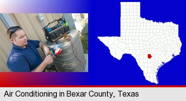 an HVAC contractor servicing an air conditioner; Bexar County highlighted in red on a map