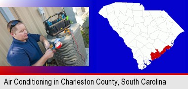 an HVAC contractor servicing an air conditioner; Charleston County highlighted in red on a map