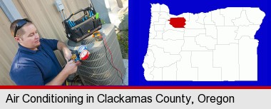 an HVAC contractor servicing an air conditioner; Clackamas County highlighted in red on a map