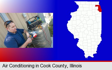 an HVAC contractor servicing an air conditioner; Cook County highlighted in red on a map