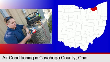 an HVAC contractor servicing an air conditioner; Cuyahoga County highlighted in red on a map