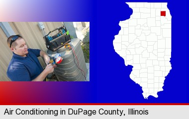 an HVAC contractor servicing an air conditioner; DuPage County highlighted in red on a map