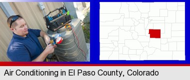 an HVAC contractor servicing an air conditioner; Elbert County highlighted in red on a map