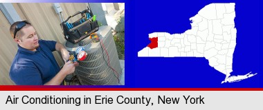 an HVAC contractor servicing an air conditioner; Erie County highlighted in red on a map