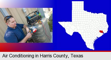 an HVAC contractor servicing an air conditioner; Harris County highlighted in red on a map