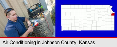 an HVAC contractor servicing an air conditioner; Johnson County highlighted in red on a map