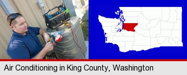 an HVAC contractor servicing an air conditioner; King County highlighted in red on a map