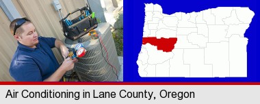an HVAC contractor servicing an air conditioner; Lane County highlighted in red on a map