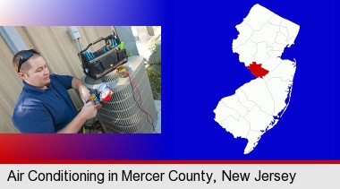 an HVAC contractor servicing an air conditioner; Mercer County highlighted in red on a map