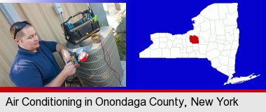 an HVAC contractor servicing an air conditioner; Onondaga County highlighted in red on a map