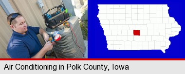 an HVAC contractor servicing an air conditioner; Polk County highlighted in red on a map
