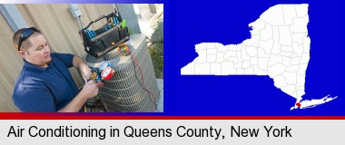 an HVAC contractor servicing an air conditioner; Queens County highlighted in red on a map