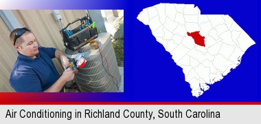 an HVAC contractor servicing an air conditioner; Richland County highlighted in red on a map