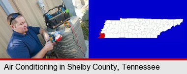 an HVAC contractor servicing an air conditioner; Shelby County highlighted in red on a map