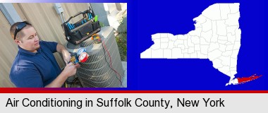 an HVAC contractor servicing an air conditioner; Suffolk County highlighted in red on a map