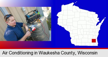 an HVAC contractor servicing an air conditioner; Waukesha County highlighted in red on a map