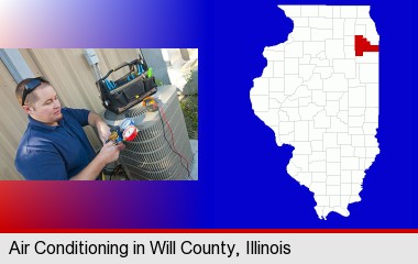 an HVAC contractor servicing an air conditioner; Will County highlighted in red on a map