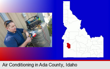 an HVAC contractor servicing an air conditioner; Ada County highlighted in red on a map