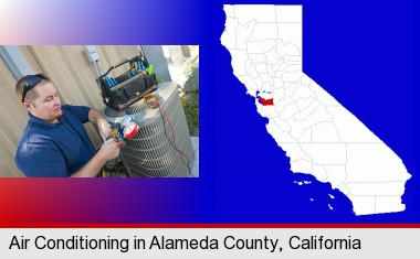 an HVAC contractor servicing an air conditioner; Alameda County highlighted in red on a map