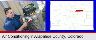 an HVAC contractor servicing an air conditioner; Arapahoe County highlighted in red on a map