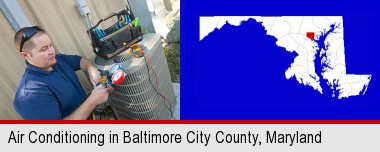 an HVAC contractor servicing an air conditioner; Baltimore City highlighted in red on a map