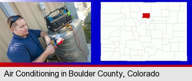 an HVAC contractor servicing an air conditioner; Boulder County highlighted in red on a map