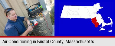an HVAC contractor servicing an air conditioner; Bristol County highlighted in red on a map