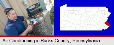 an HVAC contractor servicing an air conditioner; Bucks County highlighted in red on a map