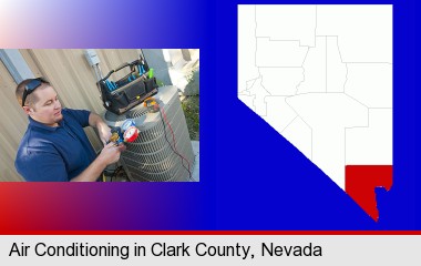 an HVAC contractor servicing an air conditioner; Clark County highlighted in red on a map
