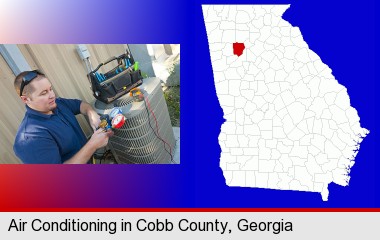 an HVAC contractor servicing an air conditioner; Cobb County highlighted in red on a map