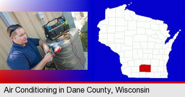 an HVAC contractor servicing an air conditioner; Dane County highlighted in red on a map