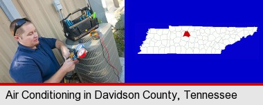 an HVAC contractor servicing an air conditioner; Davidson County highlighted in red on a map